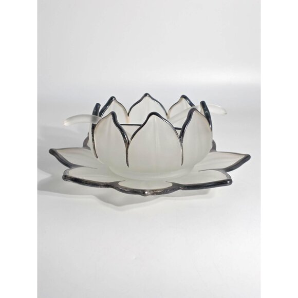 Frosted Glass Lotus Serving Bowl Plate Spoons With Silver-Toned Trim Vintage - Picture 2 of 12